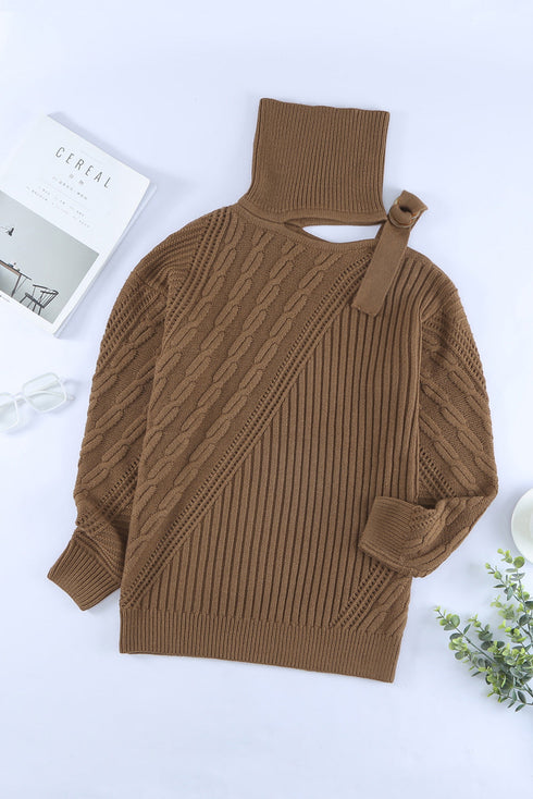 Strapped Cut Out Shoulder Turtleneck Sweater